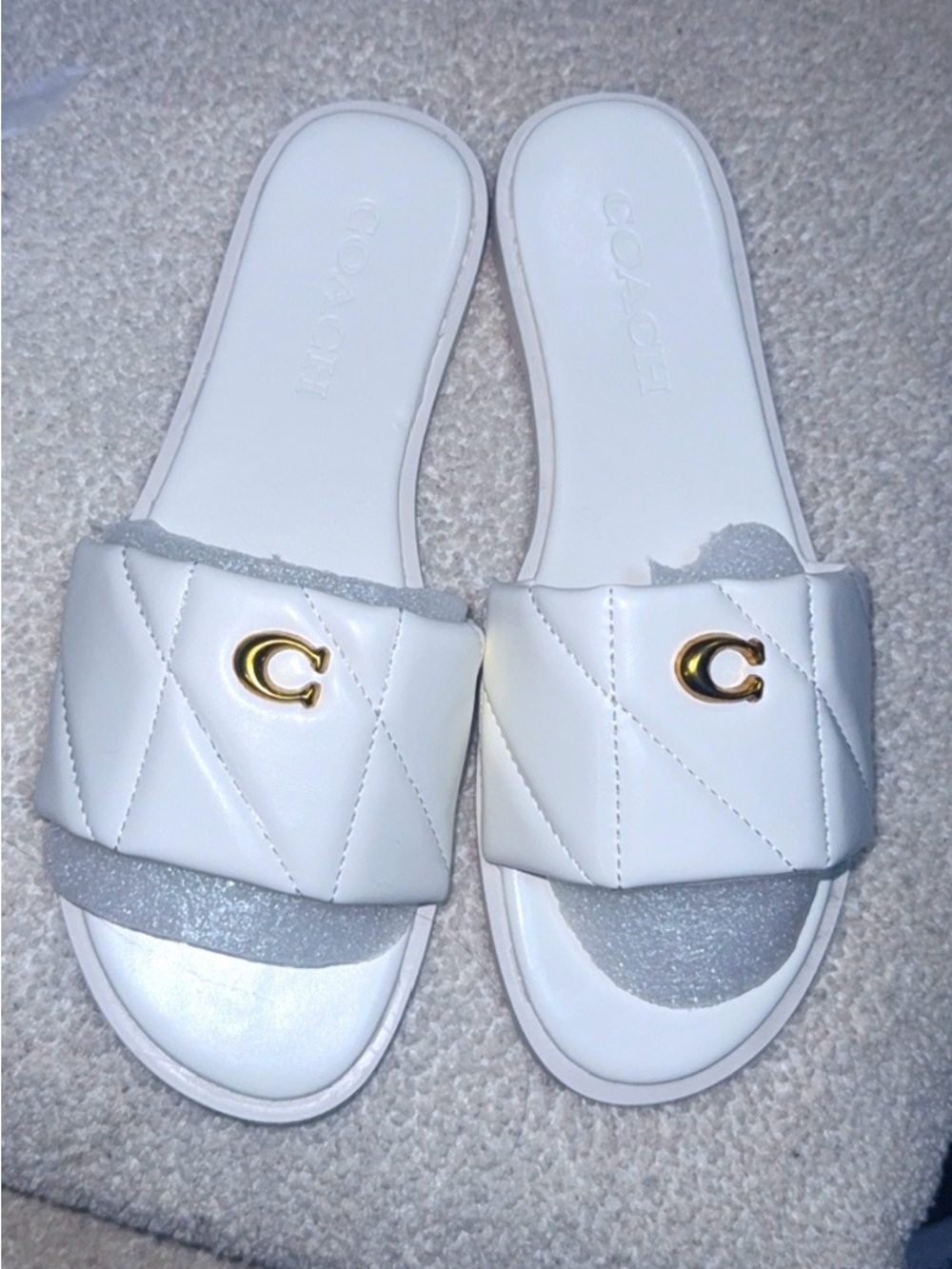 Coach White Quilted Slide Sandals with Gold C Hardware